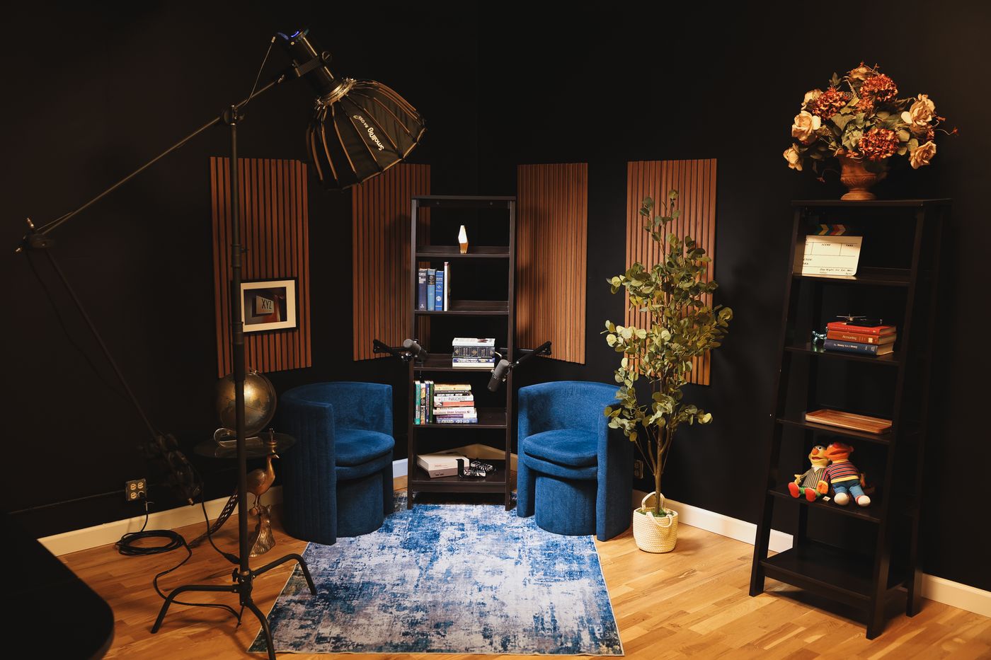 Blue chair podcast set at XYZ Studios Chicago